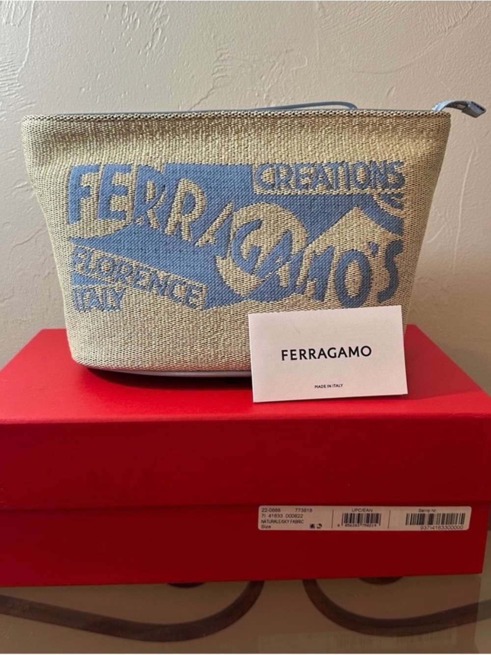 NWT Salvatore Farragamo l Raffia Tan Calf Leather Zip Pouch Clutch $595